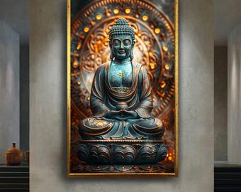 Buddha Statue Wall Art with Golden Details Spiritual Zen Artwork Asian Meditation Decor Sacred Mindfulness Print