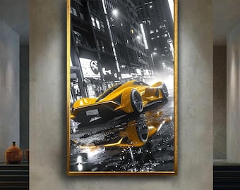 Futuristic Yellow Supercar Canvas Wall Art, Cyberpunk Night City Print, Luxury Sports Car Artwork for Modern and Bold Home Decor