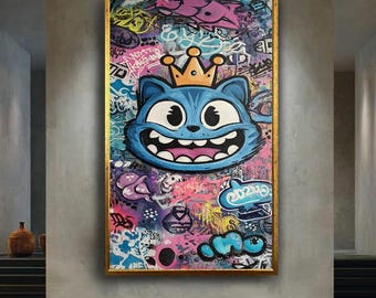 Blue Cartoon Cat Graffiti Wall Art Print, Urban Street Style Pop Art Canvas, Crowned Cat Character Poster, Colorful Hip Hop Decor