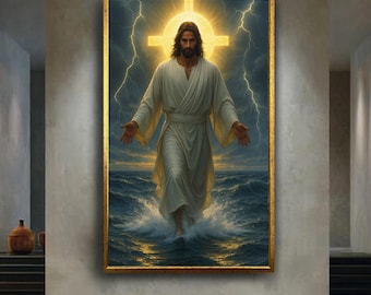 Jesus Walking on Water Cross Light Art Print, Powerful Christian Poster, Divine Religious Wall Decor, Spiritual Faith Artwork