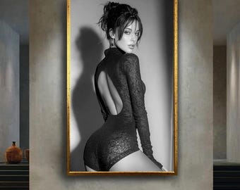 Black and White Glamour Woman Portrait Canvas Wall Art with Open Back Dress, Elegant Fashion Photography for Modern Home Decor
