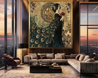Vintage Peacock Woman Canvas Wall Art – Art Nouveau Fantasy Style Portrait with Gold Details and Floral Mandala for Elegant Home Decor