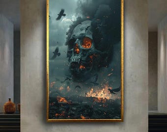 Burning Skull Apocalypse Canvas Wall Art – Dark Gothic Horror Scene with Ravens and Fire, Dramatic Fantasy Print for Bold Home Decor