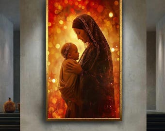 Mary and Baby Jesus Canvas Wall Art, Madonna and Child Sacred Print, Holy Christian Artwork for Prayer Room or Religious Home