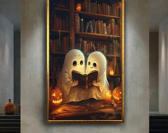 Cute Ghosts Reading Book Wall Art Cozy Halloween Library Scene Whimsical Spooky Artwork Pumpkin Candle Decor