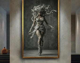 Medusa Goddess Canvas Wall Art – Mythical Snake-Haired Warrior Woman Statue Style Portrait – Dark Fantasy Print for Gothic Decor