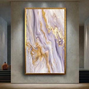 Abstract Purple White and Gold Marble Canvas Wall Art with Fluid Painting Texture, Modern Luxury Minimalist Home Decoration