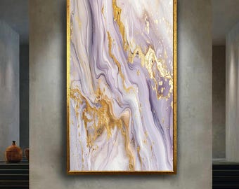 Abstract Purple White and Gold Marble Canvas Wall Art with Fluid Painting Texture, Modern Luxury Minimalist Home Decoration