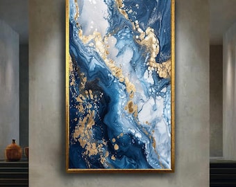 Abstract Navy Blue White and Gold Canvas Wall Art with Fluid Marble Texture, Modern Luxury Elegant Print for Home