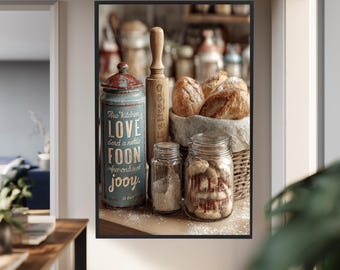 Rustic Farmhouse Kitchen Decor Set with Vintage Canisters, Wooden Rolling Pin and Bread Basket for Cozy Country Style Homes