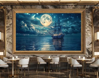 Moonlight Sailing Ship Wall Art Print, Fantasy Ocean Night Canvas Art, Starry Sky Nautical Artwork for Dreamy Home Decor