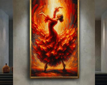 Flamenco Dancer In Red Dress Digital Painting Passionate Dance Wall Art Fire Motion Style Modern Impressionist Poster For Home Decor
