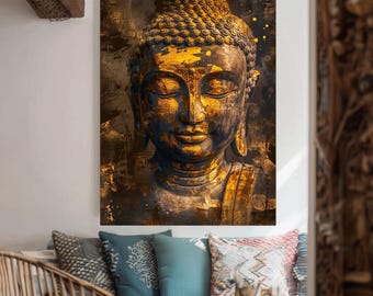 Buddha Wall Art Canvas Print – Golden Enlightenment Statue Artwork for Zen Home Decor, Asian Spiritual Art for Meditation Room