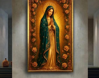 Virgin Mary Canvas Wall Art – Our Lady of Guadalupe Inspired Catholic Poster with Golden Roses and Halo, Spiritual Religious Décor