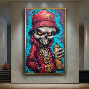 Graffiti Skeleton Canvas Wall Art – Urban Street Style Skull Character with Spray Can – Hip Hop Graffiti Poster for Edgy Wall Decor