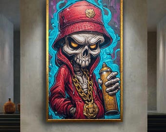 Graffiti Skeleton Canvas Wall Art – Urban Street Style Skull Character with Spray Can – Hip Hop Graffiti Poster for Edgy Wall Decor