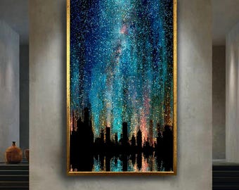 Starry City Night Wall Art Print, Galaxy Skyline Digital Poster, Futuristic Neon Lights Urban Sky Canvas, Nightscape Milky Way Decor