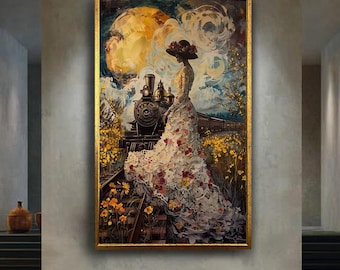 Romantic Lady in Floral Dress with Vintage Train Canvas Wall Art, Colorful Palette Knife Print for Elegant and Nostalgic Home Decor