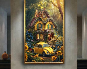 Whimsical Cottage Canvas Wall Art – Enchanted Yellow House with Flowers and Vintage Car – Fairy Tale Home Print for Cozy Decor