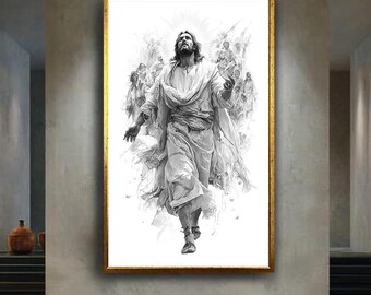 Christian Wall Art Canvas of Jesus Christ with Angels, Black and White Religious Artwork for Faith-Based Home Decor and Gift Idea