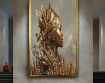 Golden African Woman Portrait Canvas Wall Art with Wheat and Leaves, Cultural Nature Inspired Elegant Home Decor for Living Room
