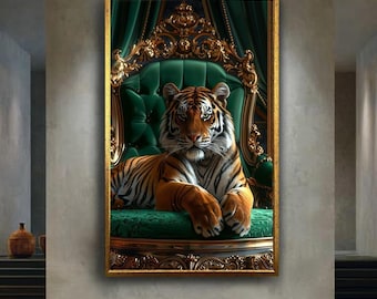 Majestic Tiger Wall Art on Royal Throne Regal Animal Portrait Luxury Wildlife Artwork Jungle King Decor