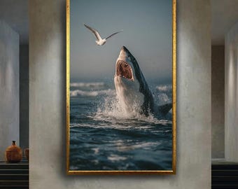 Great white shark wall art ocean wildlife canvas print dramatic sea predator poster nautical marine animal artwork for beach house decor