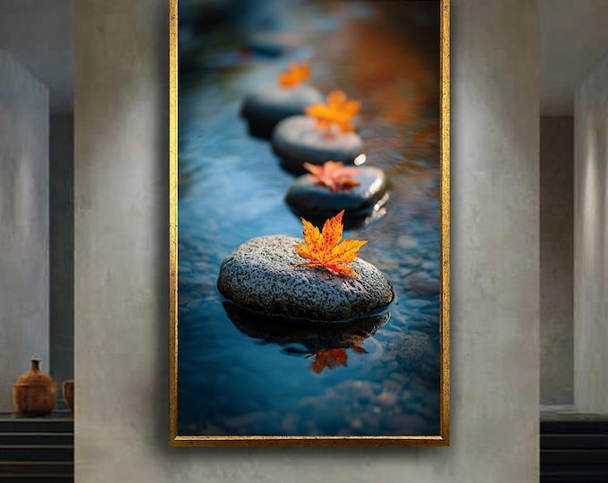 Featured listing image: Autumn Zen Stones Canvas Print – Peaceful Fall Leaves on Water Wall Art for Spa, Yoga or Nature-Inspired Home Decor