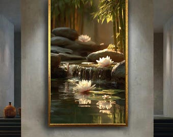 Zen Water Garden Canvas Wall Art with White Lotus Flowers, Bamboo and Stones – Peaceful Spa Print for Meditation or Yoga Room Decor