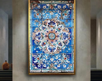 Vintage Ottoman Tile Canvas Art, Aged Iznik Ceramic Pattern Print, Rustic Islamic Wall Decor for Cultural or Boho Interiors