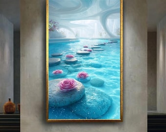 Floating Rose Petals and Zen Stones Canvas Wall Art – Dreamy Blue Water Path Print for Spa, Healing or Meditation Room Decor