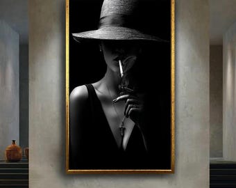 Black and White Femme Fatale Canvas Wall Art with Wide Brim Hat, Smoking Woman Noir Style Dramatic Portrait for Elegant Home Decor