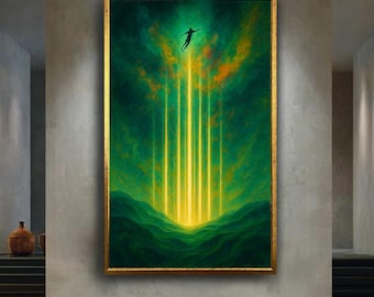 Ascension Light Wall Art – Spiritual Figure Rising Through Golden Beams in Surreal Green Landscape Fantasy Print