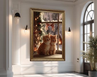 Christmas Kittens Canvas Wall Art with Cozy Winter Scene – Orange Cats by Window Holiday Decor for Cat Lovers and Festive Interiors
