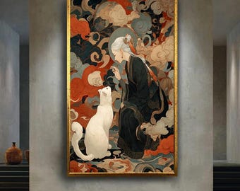 Mystical Asian Woman with White Cat Wall Art – Fantasy Cloud Canvas Print – Oriental Spirit Poster – Elegant Fantasy Home Decor
