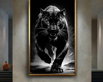 Black Panther Canvas Wall Art – Powerful Wild Cat in Dramatic Black and White Photography for Bold and Modern Home Decor