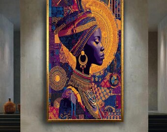 African Woman Wall Art Print, Vibrant Colorful Tribal Queen Portrait with Gold Accents for Ethnic Afro Boho Home Decor