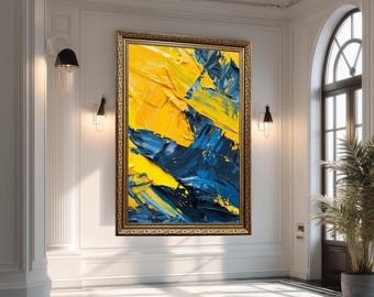 Bold Abstract Wall Art with Yellow and Navy Blue Palette, Modern Brush Stroke Canvas for Energetic Contemporary Decor