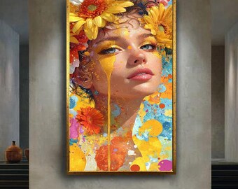 Colorful Woman Portrait Canvas Wall Art, Bright Abstract Floral Face Painting Print, Modern Pop Art Girl Wall Decor for Home