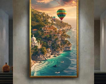 Tropical Coast Hot Air Balloon Canvas Wall Art – Dreamy Beachside Villas and Ocean View Artwork for Travel Lovers and Home Decor