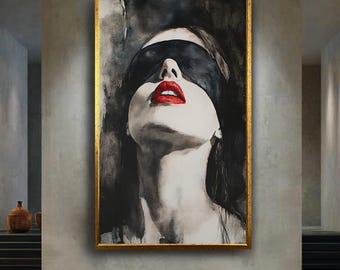 Sensual Woman Wall Art – Blindfolded Red Lips Watercolor Painting – Bold Feminine Aesthetic Modern Minimalist Portrait Print
