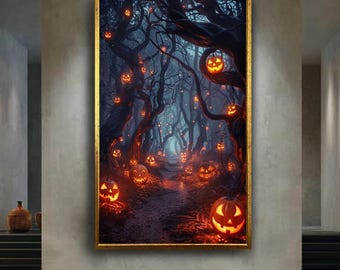 Spooky Halloween Forest Canvas Wall Art with Glowing Jack-O'-Lanterns – Dark Pumpkin Path Print for Gothic or Fall Home Decor