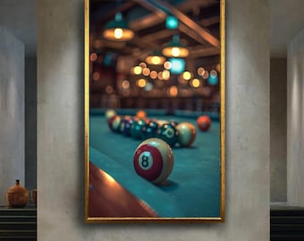 Billiard Pool Table Wall Art with 8 Ball and Colorful Lights Bar Game Room Decor Modern Sports Photography Print