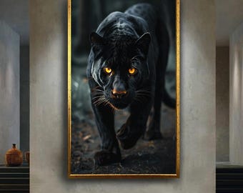 Black Panther Canvas Wall Art – Fierce Wild Cat with Golden Eyes, Jungle Predator Animal Print, Exotic Wildlife Home Decor for Living Room