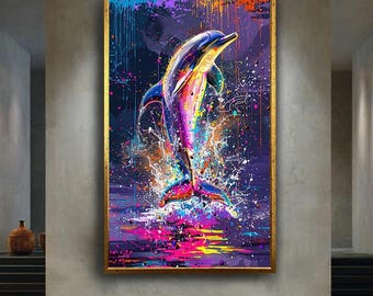Vibrant Dolphin Canvas Wall Art, Colorful Ocean Animal Print, Modern Pop Art Marine Life Artwork with Neon Splash for Coastal Decor