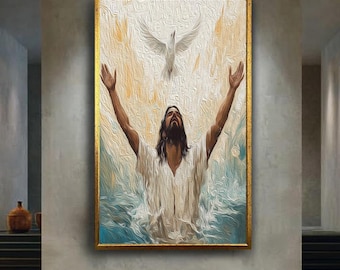 Jesus Baptism with Holy Spirit Dove Canvas Wall Art in Expressive Brushstroke Style for Christian Home Prayer Room or Faith Inspired Decor