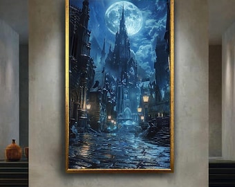 Gothic Fantasy Castle Wall Art Moonlit Night Canvas Print Dark City Architecture Poster for Home Decor or Halloween Gift Idea