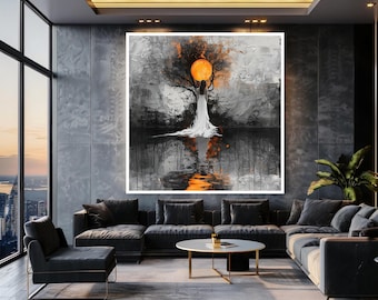 Abstract Woman Art Print with Orange Moon, Emotional Surreal Wall Decor, Black and White Female Figure Painting for Modern Interiors