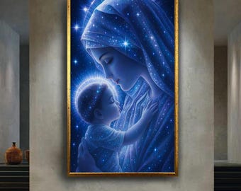 Virgin Mary and Child Celestial Canvas Wall Art, Sacred Christian Religious Print with Stars, Catholic Spiritual Artwork for Home Decor