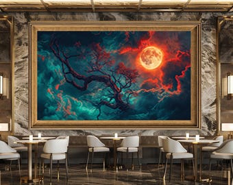 Red Moon Night Wall Art Print, Dark Fantasy Tree Canvas Art, Mystical Spooky Nature Artwork for Gothic or Halloween Decor